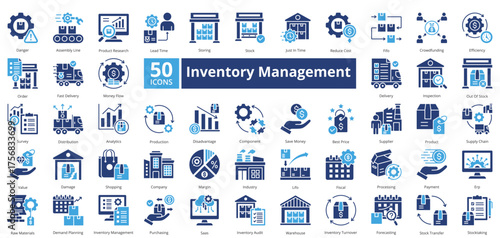 Inventory Management two tone contains 50 icons including inventory turnover, forecasting, stock transfer, storing, stock, just in time, survey 