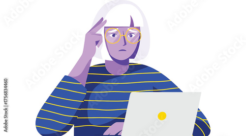 Vector art of a thoughtful woman with glasses is working on her laptop, pondering a problem, and seeking a solution while