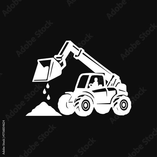 Construction Vehicle with Fork and Bucket, Telehandler Loader Operations icon logo flat vector design