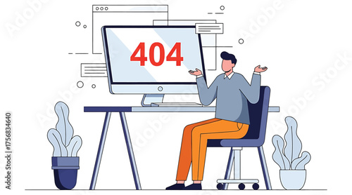 Vector art of a man sitting at a desk in front of a computer with a 404 error message on the screen, shrugging his shoulders in confusion, with potted plants on the desk