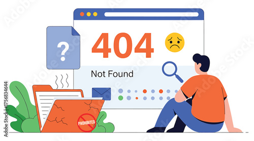 Vector art of a man sitting in front of a computer with a 404 error message on the screen, looking at it with a magnifying glass, with a folder and a sad face icon