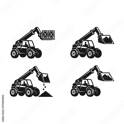 Construction Vehicles with Fork and Bucket, Telehandler Loader Operations icon logo flat vector design