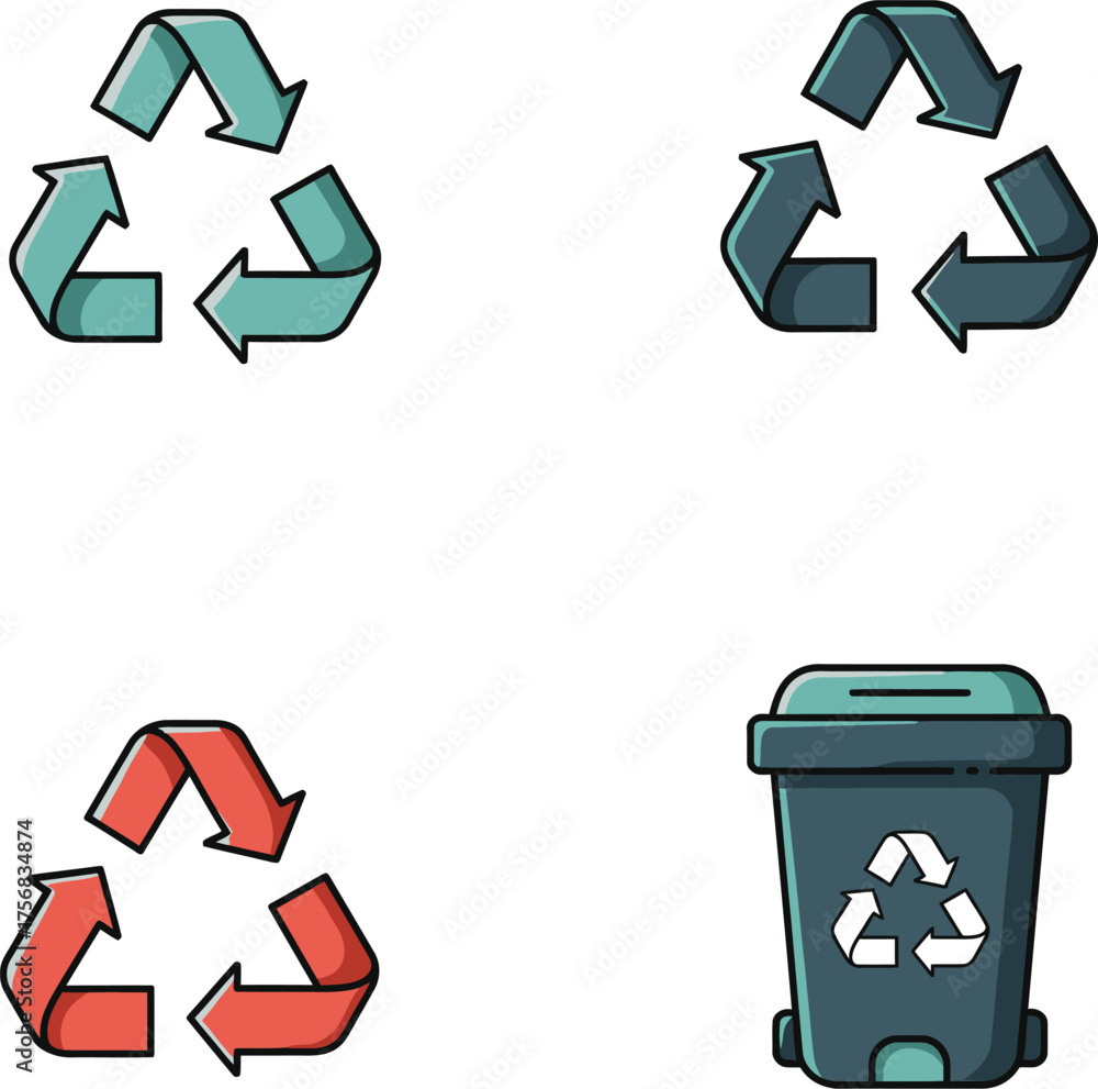 Obraz premium Four recycling icons including trash can and arrows showcasing environmental conservation isolated on transparent background
