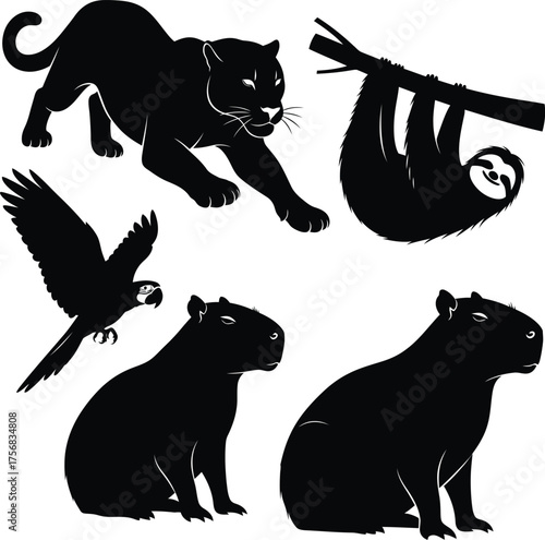 Vector art of collection of exotic animal silhouettes
