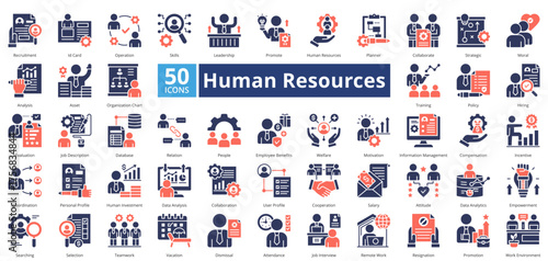 Human Resources mixed duotone contains 50 icons including organization, training, policy, hiring, evaluation, human investment, data analysis, collaboration simple vector 