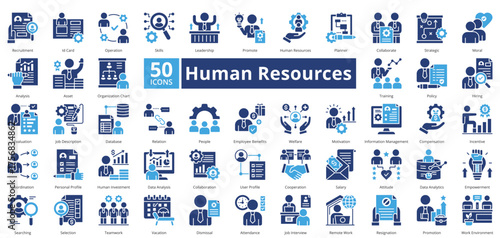 Human Resources two tone contains 50 icons including training, policy, hiring, evaluation, job description, relation, people, employee benefits, welfare simple vector 