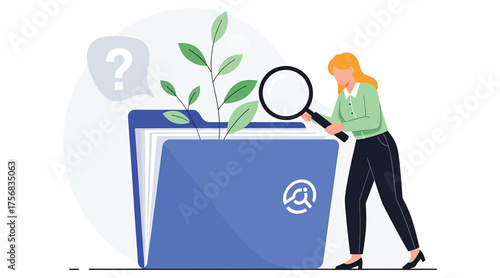 Vector art of an illustration of a woman using a magnifying glass to examine a file folder with plants growing out of it, representing data analysis and information retrieval