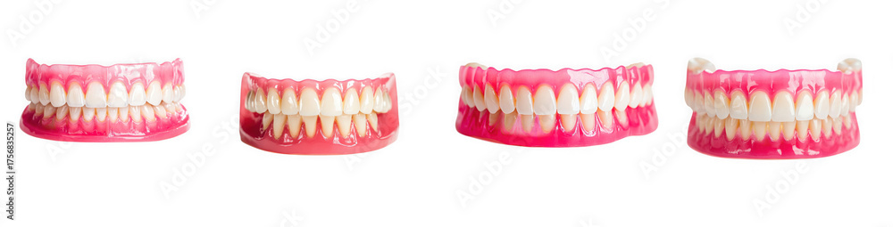 Obraz premium Four sets of realistic dentures, upper and lower jaw, isolated on transparent background