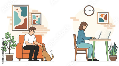 Vector art of people working from home, a man is relaxing with his dog, while a woman is working on her laptop at a desk, creating a comfortable and productive workspace