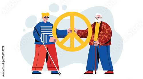 Vector art of two men holding peace sign, one is young and blind, the other is old they are standing together, representing unity and harmony between generations