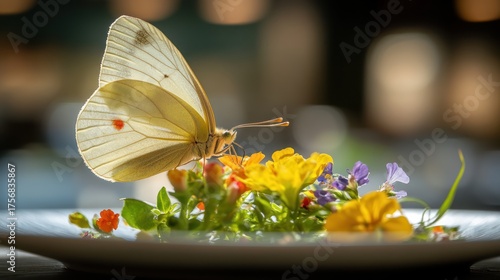 Elegant butterfly sipping nectar from miniature blooms on a stark white plate