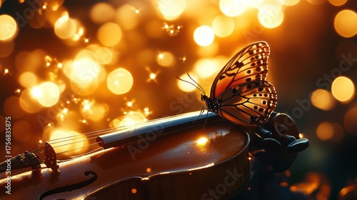 Butterfly perched delicately on violin, adorned with glowing ethereal lights