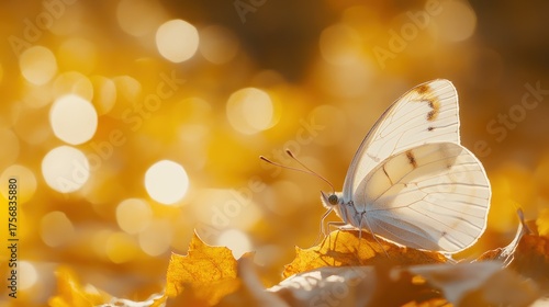 Delicate white butterfly resting peacefully on fallen autumn leaves