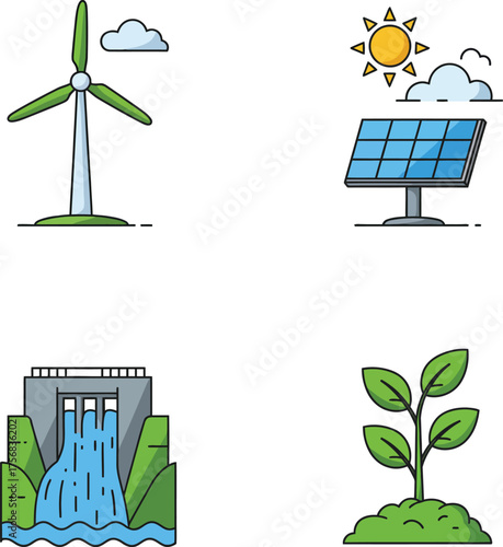 Renewable energy icons set wind turbine solar panel hydroelectric dam plant growth for sustainability isolated on transparent background