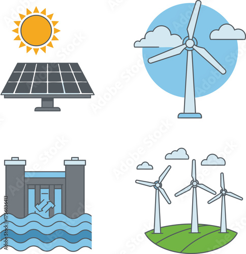 Renewable energy icons solar panel wind turbine hydroelectric dam and wind farm representing clean power isolated on transparent background