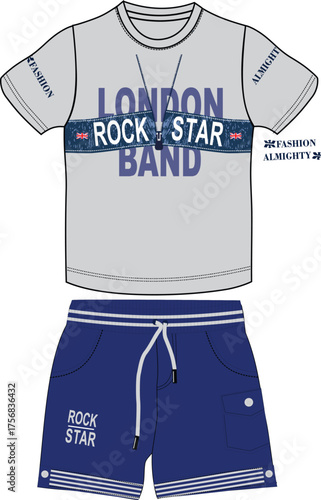 boys fashion t shirt with denim shorts  print sketching vector design