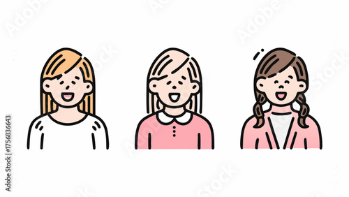 Three cartoon girls with different hairstyles and outfits smiling cheerfully in a row on a white background | editable eps vectors silhouette