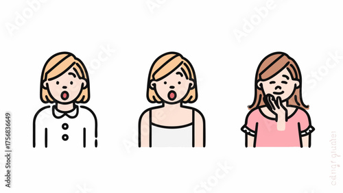 Three cartoon women with different expressions and outfits isolated on a white background in a vector art | editable eps vectors silhouette