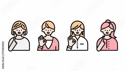 Four cartoon women with different hair colors and styles making hand gestures on a white background | editable eps vectors silhouette