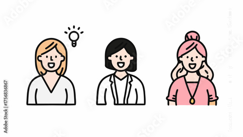 Three cartoon women with different hairstyles and outfits smiling cheerfully in a bright and simple design | editable eps vectors silhouette