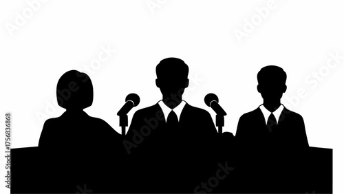Silhouette of three people at a podium with microphones in black and white presentation conference setting | editable eps vectors