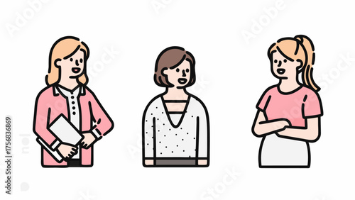 Illustration of three women with different hairstyles and outfits standing side by side and smiling happily | editable eps vectors silhouette