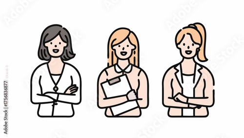 Three cartoon women in business attire with different hairstyles and poses standing side by side smiling | editable eps vectors silhouette
