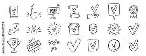 hand drawn Set of Approve Related Vector Line Icons. Contains such Icons as Protection Guarantee, Accepted Document, Quality Check. doodle. Suitable for stickers, logos, posters, packaging and.