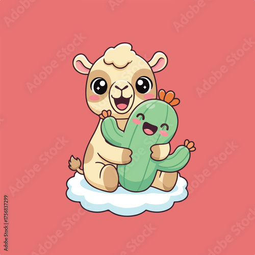 An adorable alpaca cartoon character sits on a cloud, warmly hugging a cheerful cactus, all set against a vibrant coral-red background.