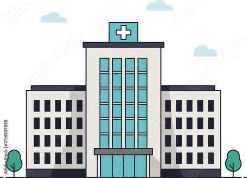 Modern flat hospital building exterior with trees and clouds simple graphic design isolated on transparent background