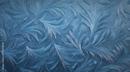 Beautiful frosty pattern on a window glass featuring intricate ice crystal formations and delicate frozen textures sparkling in winter light, perfect for seasonal backgrounds, cold weather concepts, a