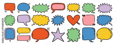 Hand drawn colored cartoon positive kids sketch elements speech bubble. Suitable for stickers, logos, posters, packaging and printable projects.