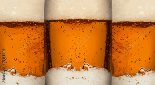 A refreshing trio of beer glasses showcase the golden liquid with frothy white foam, ideal for beverage advertising and promoting the perfect pint.