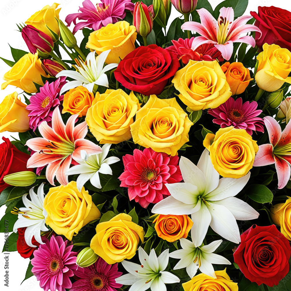 Fototapeta premium Floral bounty Vibrant bouquet of roses, lilies and gerbera daisies