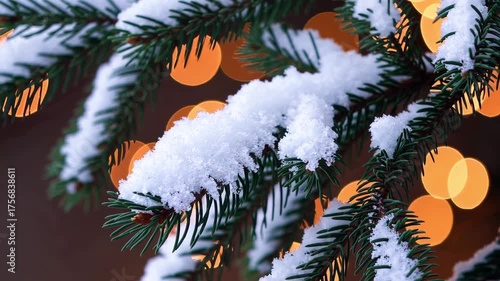 Snowcovered evergreen branches twinkling with warm bokeh lights