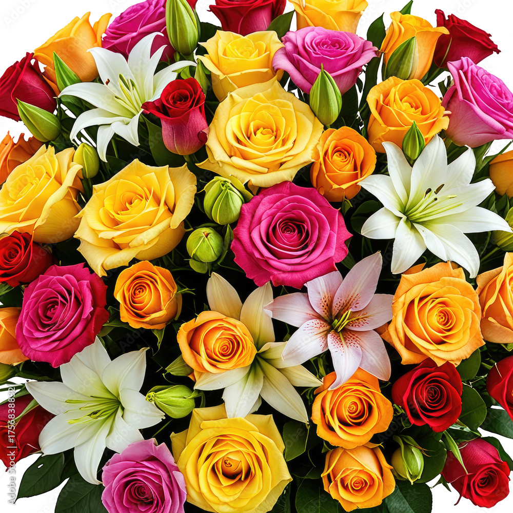 Fototapeta premium Colorful bloom bouquet of roses and lilies, leaves and various flowers