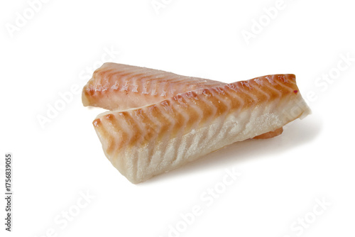 Two pieces of fresh frozen cod fish fillet isolated on white background front view
