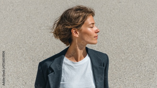 Woman standing outdoors, looking upwards towards the sky.