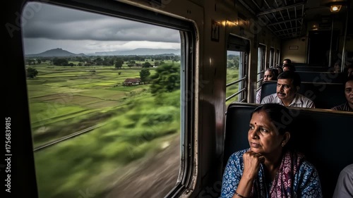Train view of verdant fields, moody sky, and thoughtful passengers inside train car