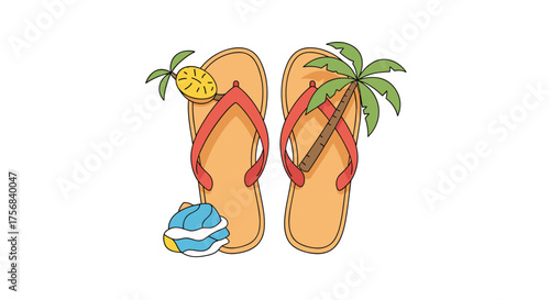 A pair of flip flops with a pineapple and a palm tree.