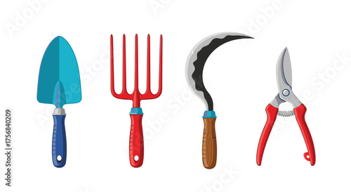 A set of four colorful garden tools for outdoor work.