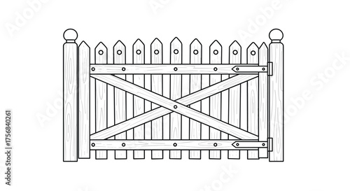 A charming wooden picket fence gate with a decorative cross brace and finial topped posts.