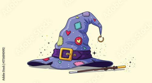 A whimsical patched wizard hat with a tiny wand rests on a plain background.