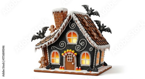 Spooky halloween gingerbread house with bats and lights isolated on white background