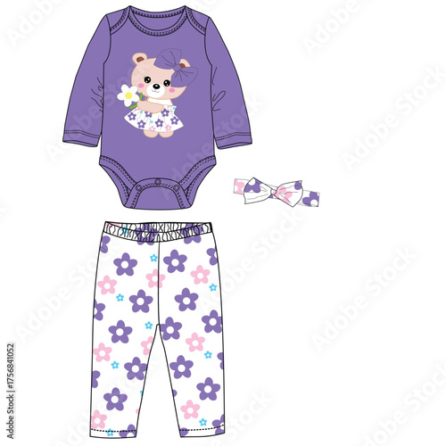 girls  bodysuit little teddy with flower  print.eps