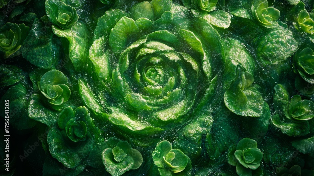 Obraz premium Vibrant green lettuce spirals beautifully in a flourishing garden, showcasing nature's intricate design