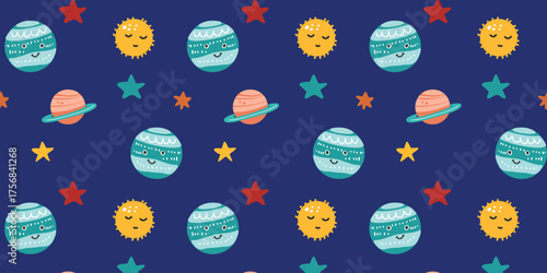 vector illustration seamless pattern with cute funny planets