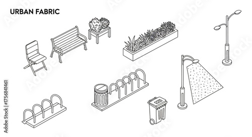 urban fabric illustrating street furniture elements like benches planters bike racks  bins for urban design mockups  promoting sustainable city living