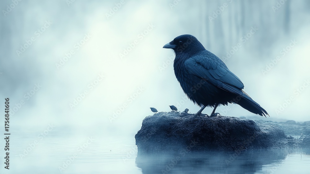 Fototapeta premium A raven stands on rocky ground, shrouded in mist with a tranquil water backdrop, evoking mystery