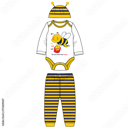 girls bodysuit with pant cap hey bee illustration print